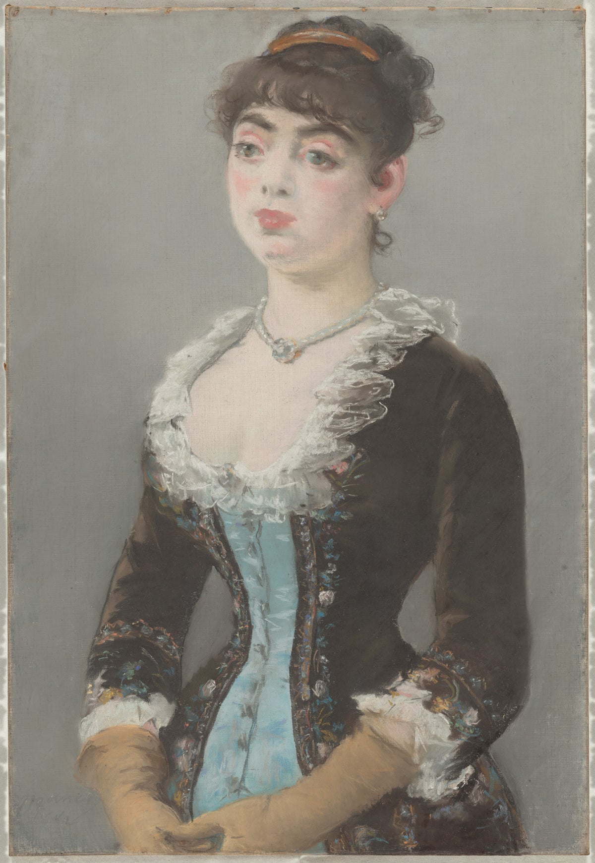 Madame Michel-Levy by Édouard Manet — A young woman in an embroidered gown and tan gloves