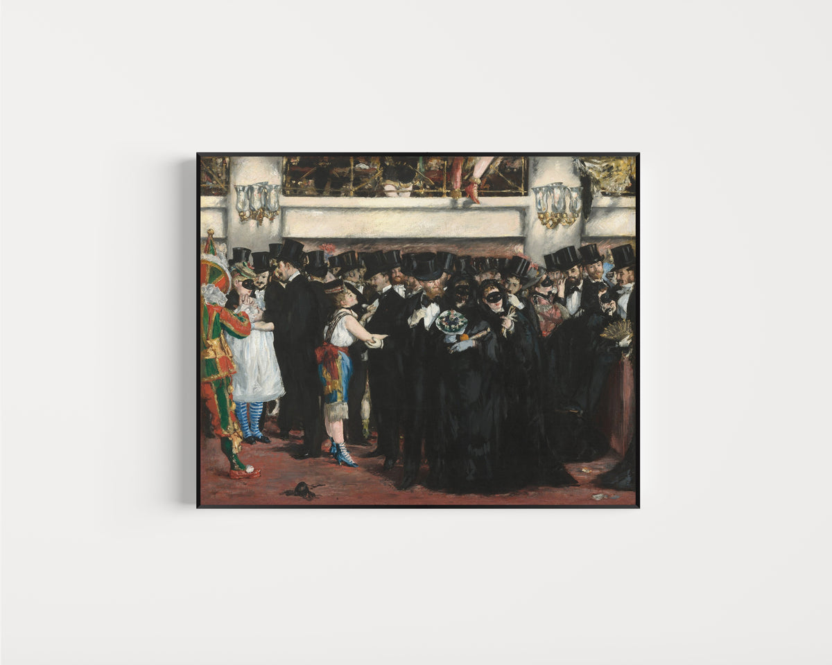 Framed art print of Masked Ball at the Opera by Édouard Manet, in a slim black frame on a plain white wall