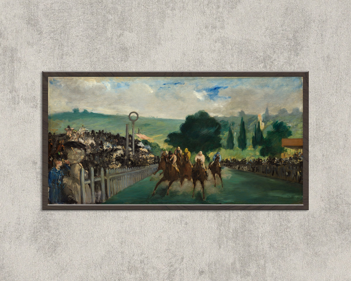 The Races at Longchamp by Édouard Manet — in a wide black frame on a concrete wall