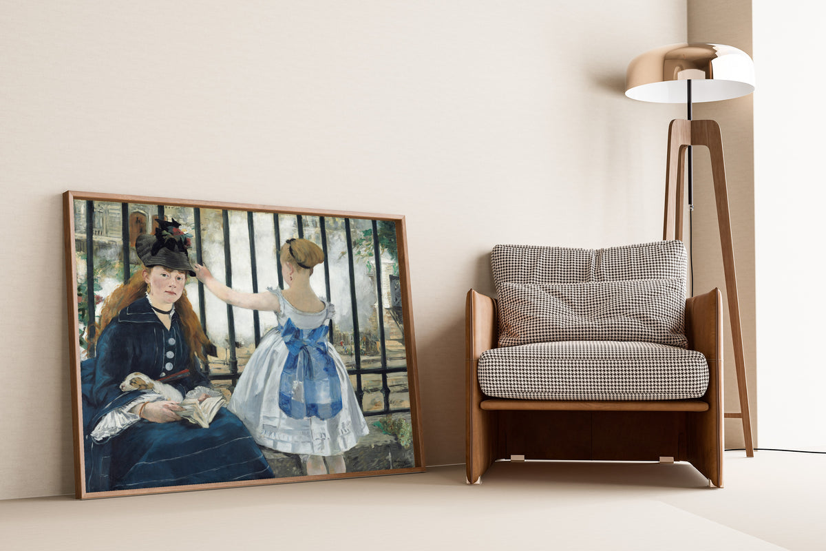 The Railway by Édouard Manet — framed and leaning against a wall beside an armchair and a floor lamp