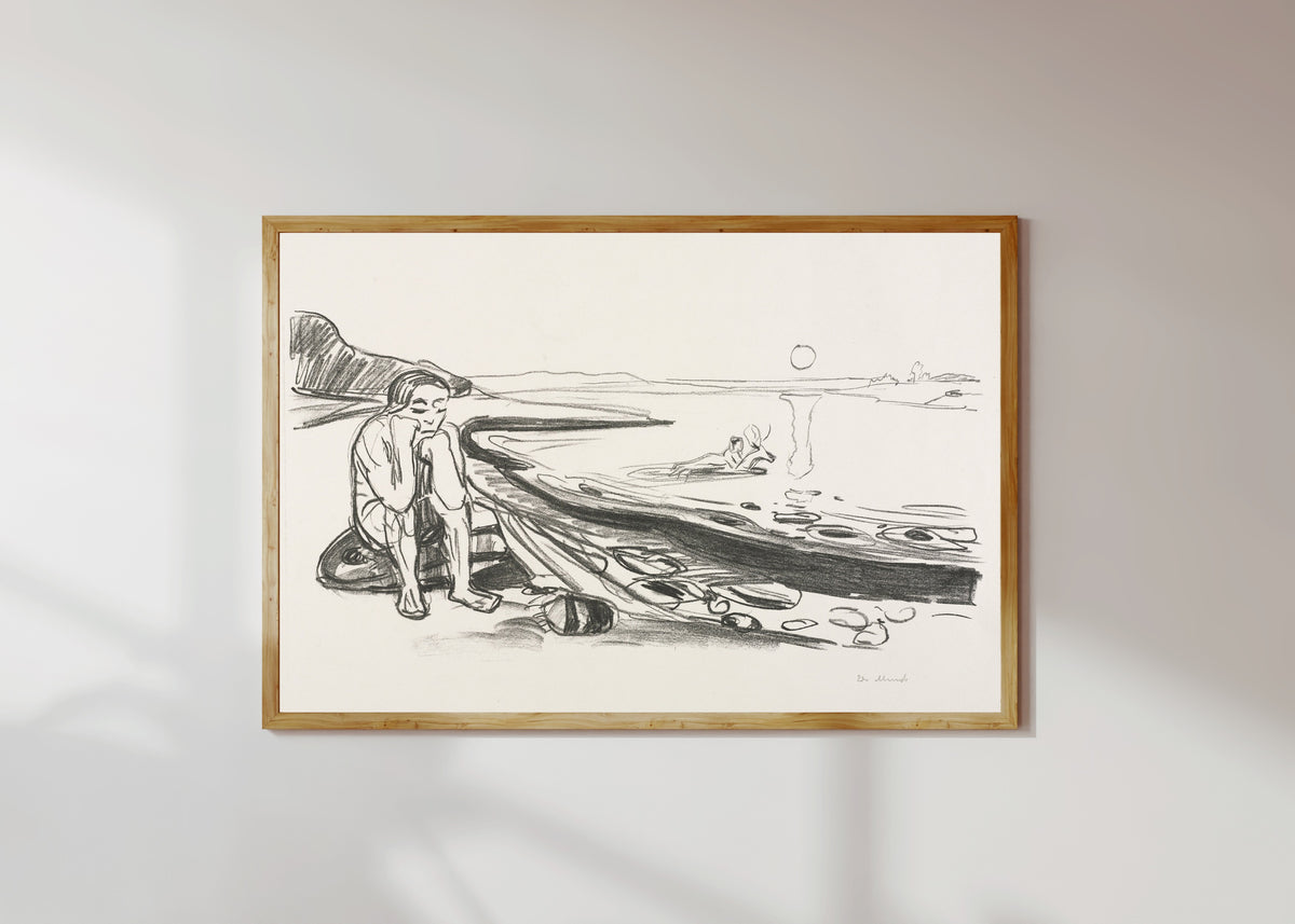 Framed art print of Alpha and Omega: Omega's Flight by Edvard Munch, in a light wood frame on a sunlit white wall