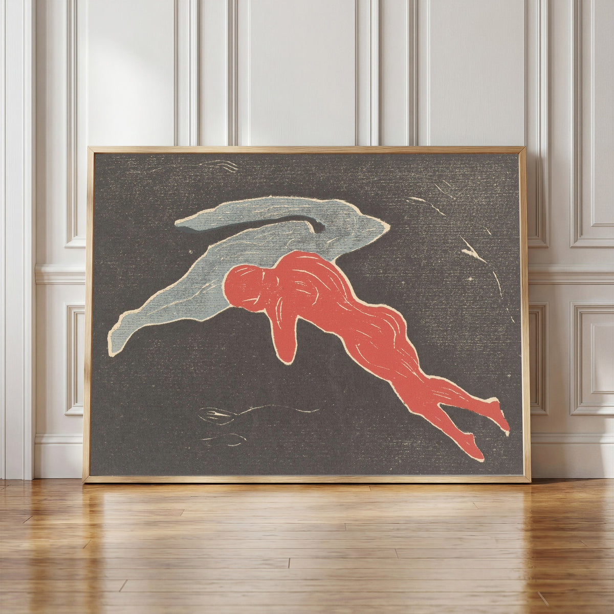 Framed art print of Encounter in Space by Edvard Munch, in a light wood frame leaning against a panelled white wall