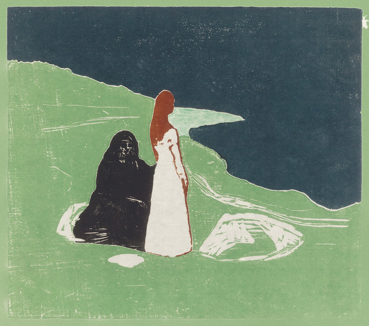 Two Women on the Shore by Edvard Munch — Two women in dark cloak and white dress gaze over a green shore