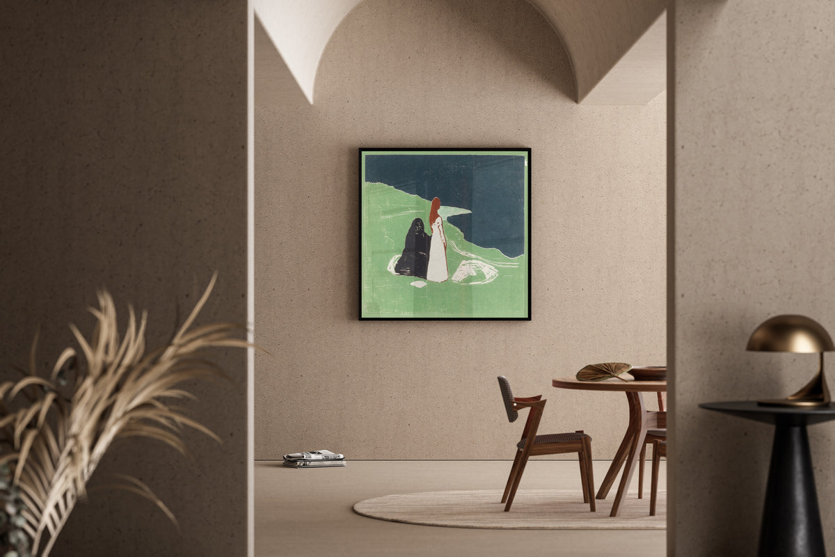 Two Women on the Shore by Edvard Munch — framed in a sunlit dining corner