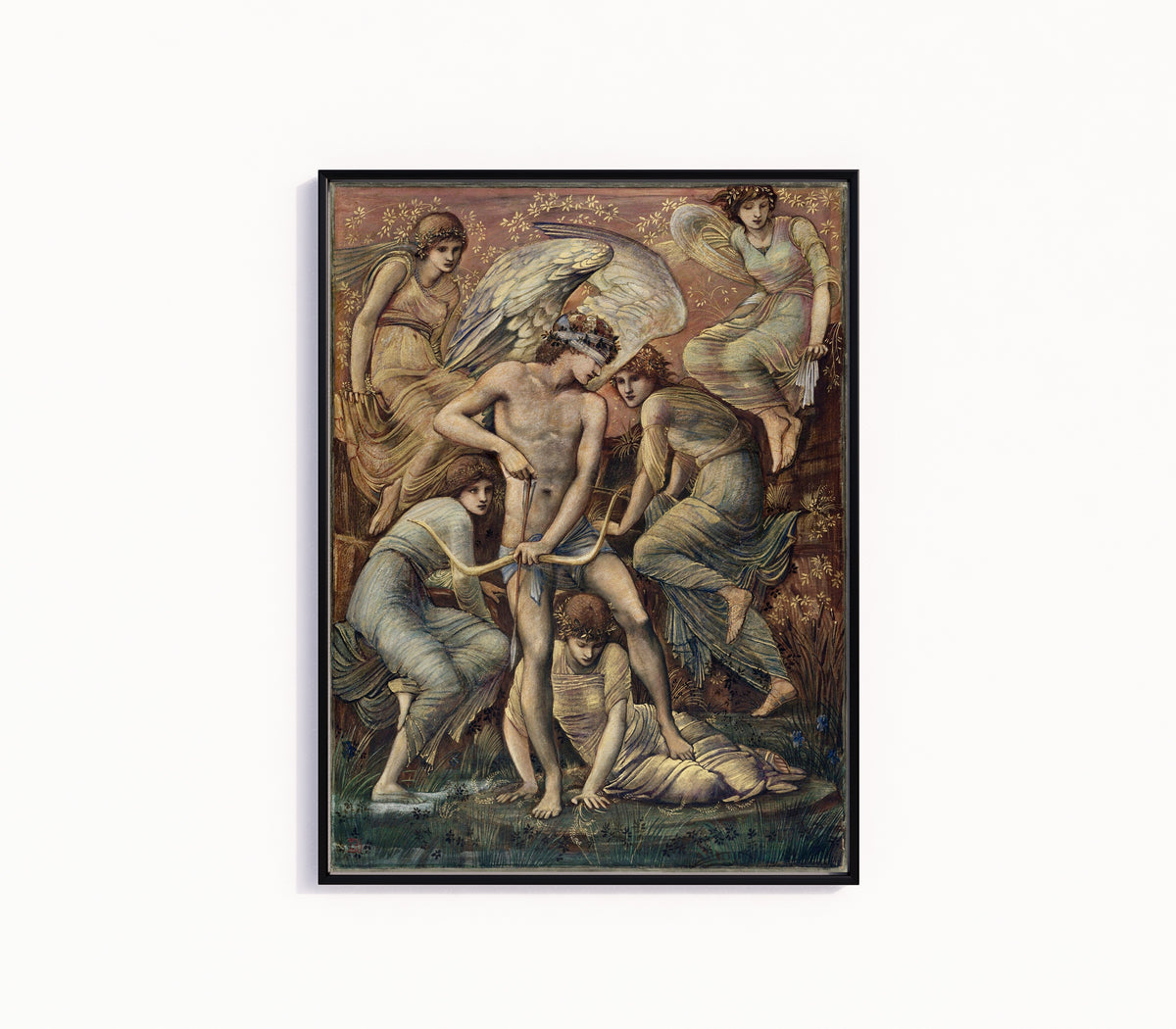 Framed art print of Cupid's Hunting Grounds by Edward Burne-Jones, in a slim black frame on a plain white wall