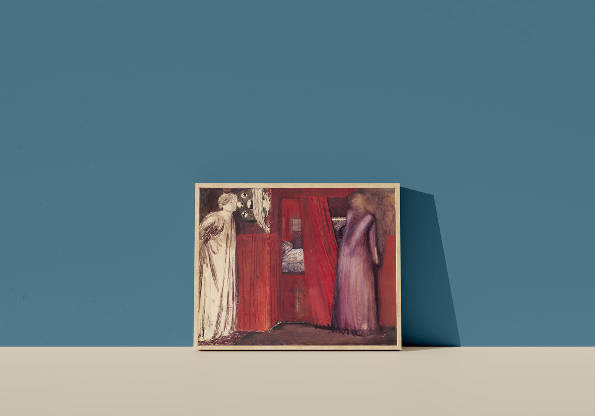 Framed art print of Fair Rosamund and Queen Eleanor by Edward Burne-Jones, in a light wood frame leaning on a blue wall