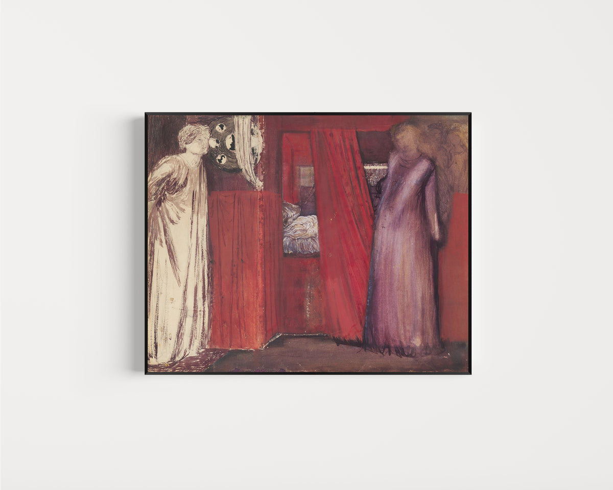 Framed art print of Fair Rosamund and Queen Eleanor by Edward Burne-Jones, in a slim black frame on a plain white wall