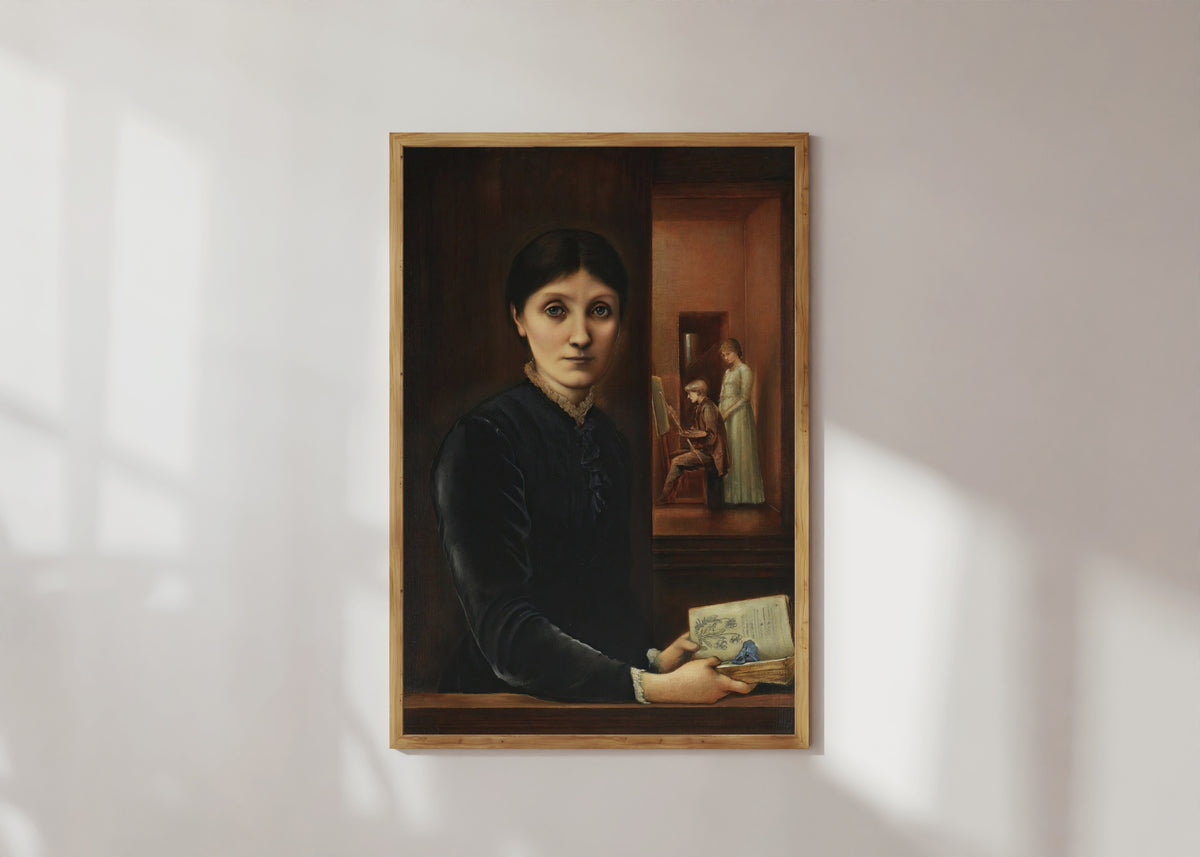 Framed art print of Portrait of Georgiana Burne-Jones (with Philip and Margaret) by Edward Burne-Jones, in a light wood frame on a sunlit white wall