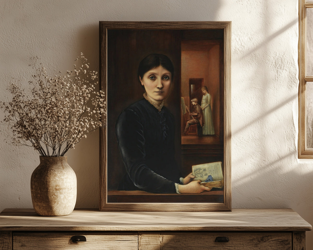 Framed art print of Portrait of Georgiana Burne-Jones (with… by Edward Burne-Jones, in a dark wood frame leaning on a rustic console beside dried flowers