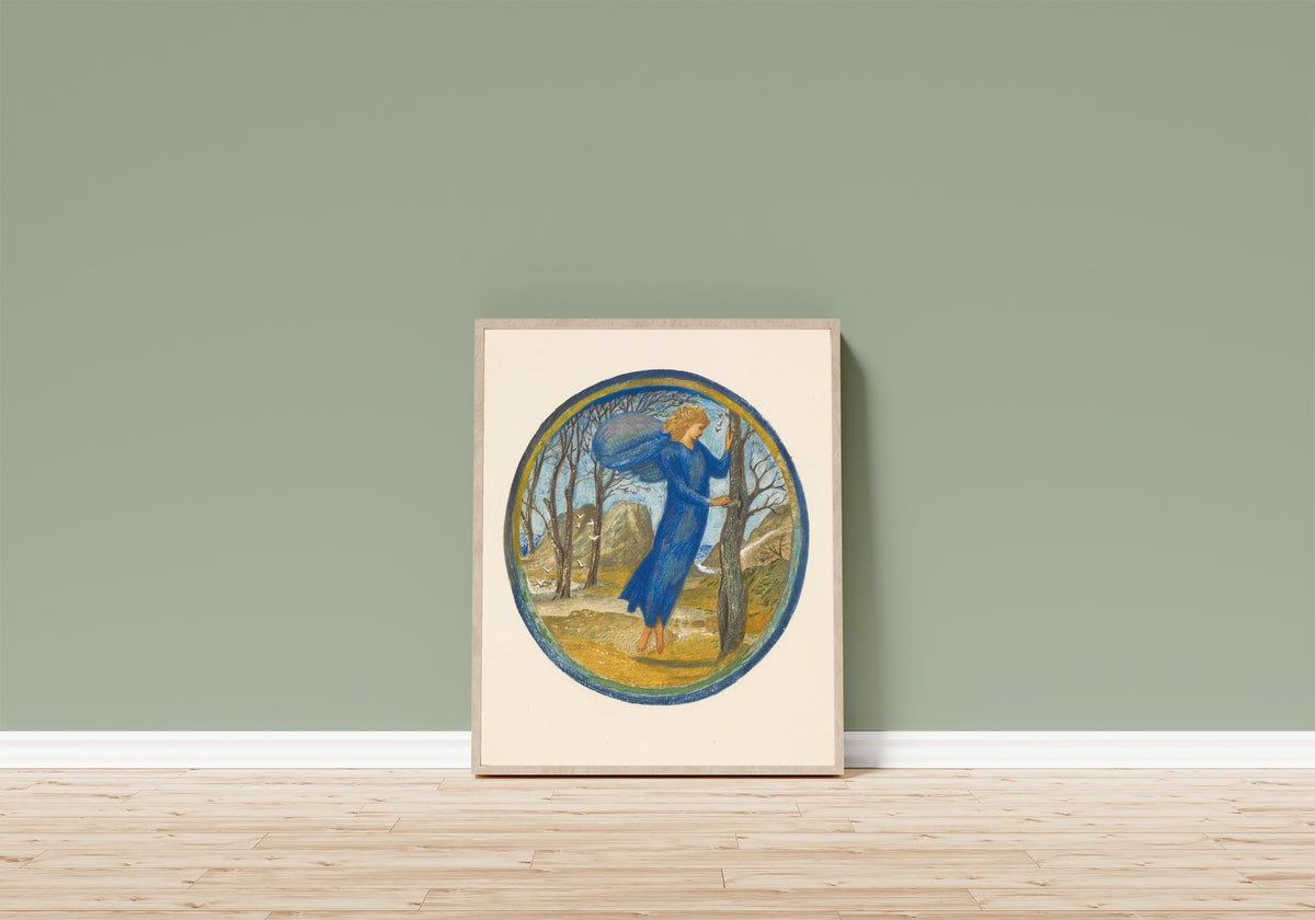Framed art print of The Flower Book: Key of Spring by Edward Burne-Jones, in a light wood frame leaning on a sage green wall above a wooden floor