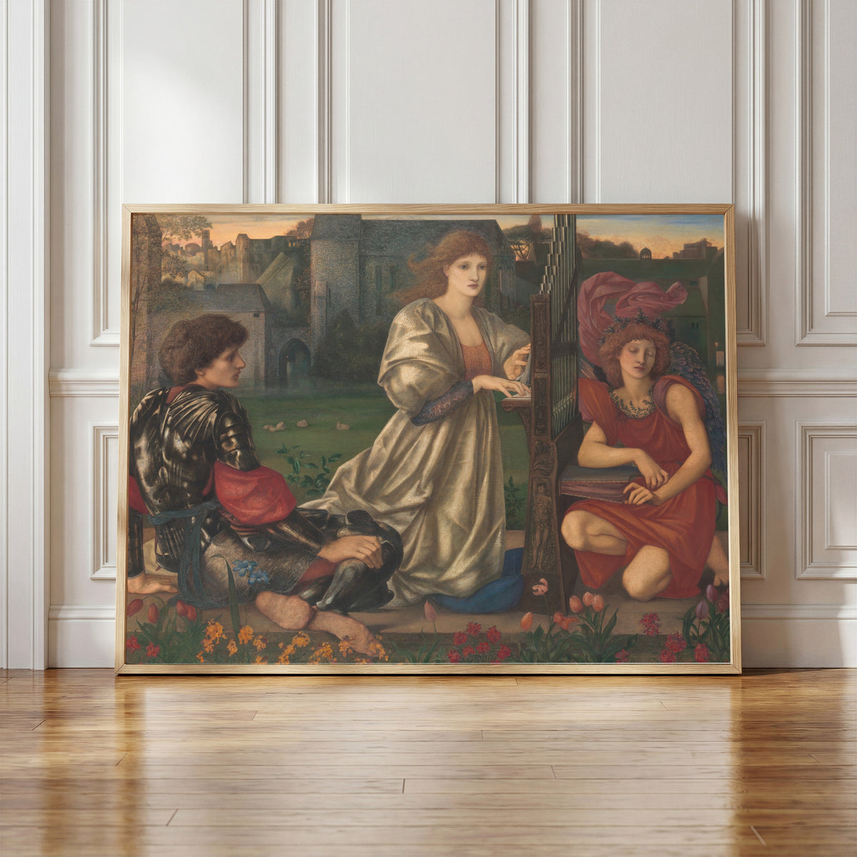 Framed art print of The Love Song by Edward Burne-Jones, in a light wood frame leaning against a panelled white wall