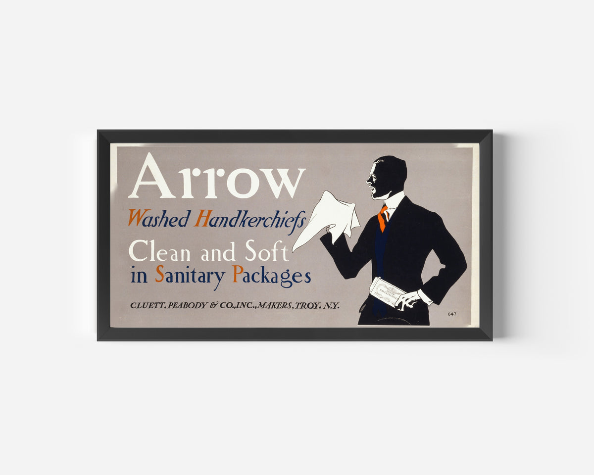 Arrow Washed Handkerchiefs by Edward Penfield — in a wide black frame on a plain white wall