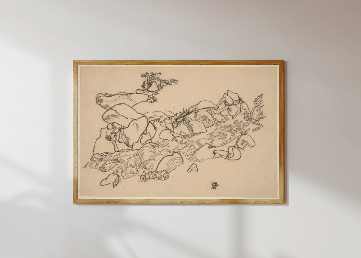 Framed art print of Mountain Stream by Egon Schiele, in a light wood frame on a sunlit white wall