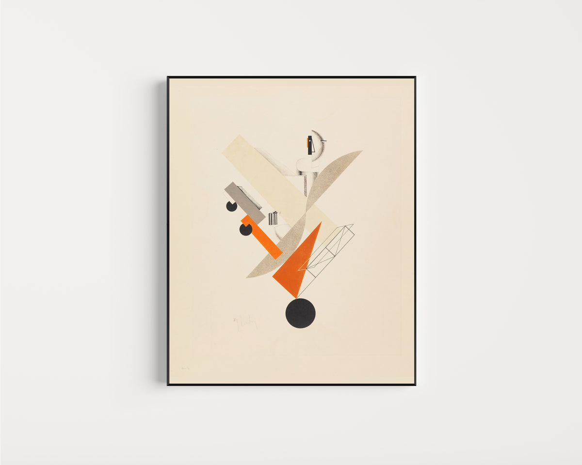 Framed art print of Figurines: The Globetrotter (in Time) by El Lissitzky, in a slim black frame on a plain white wall