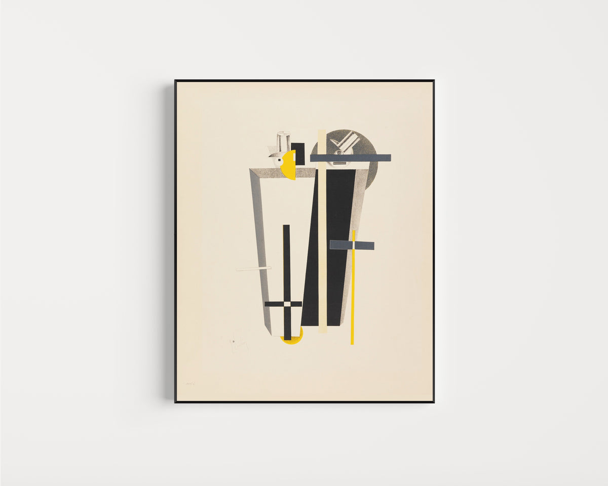 Framed art print of Figurines: The Gravediggers (Totengräber) by El Lissitzky, in a slim black frame on a plain white wall
