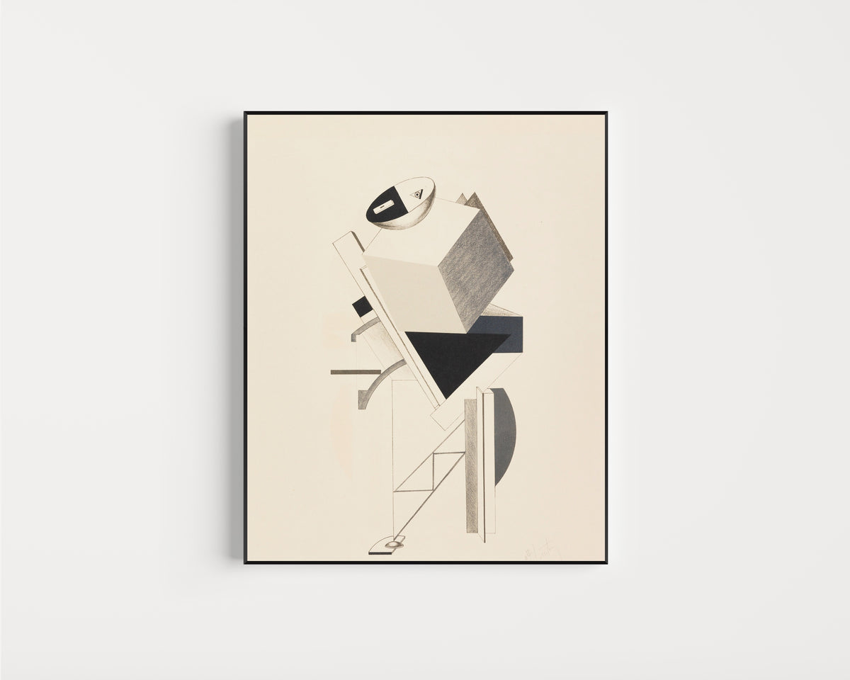 Framed art print of Figurines: The Sentry (Posten) by El Lissitzky, in a slim black frame on a plain white wall