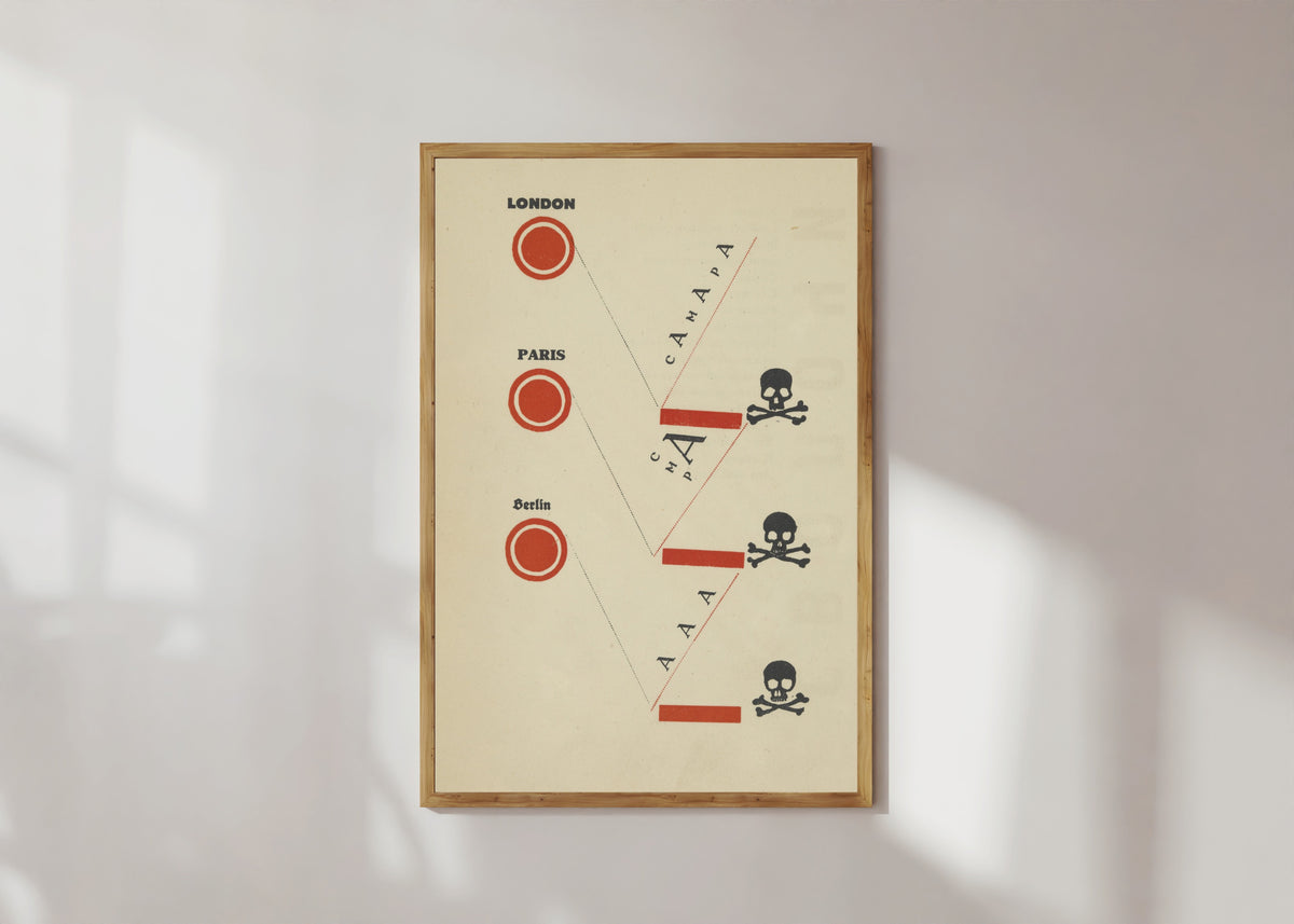 Framed art print of For the Voice: Bastards! (London, Paris, Berlin) by El Lissitzky, in a light wood frame on a sunlit white wall