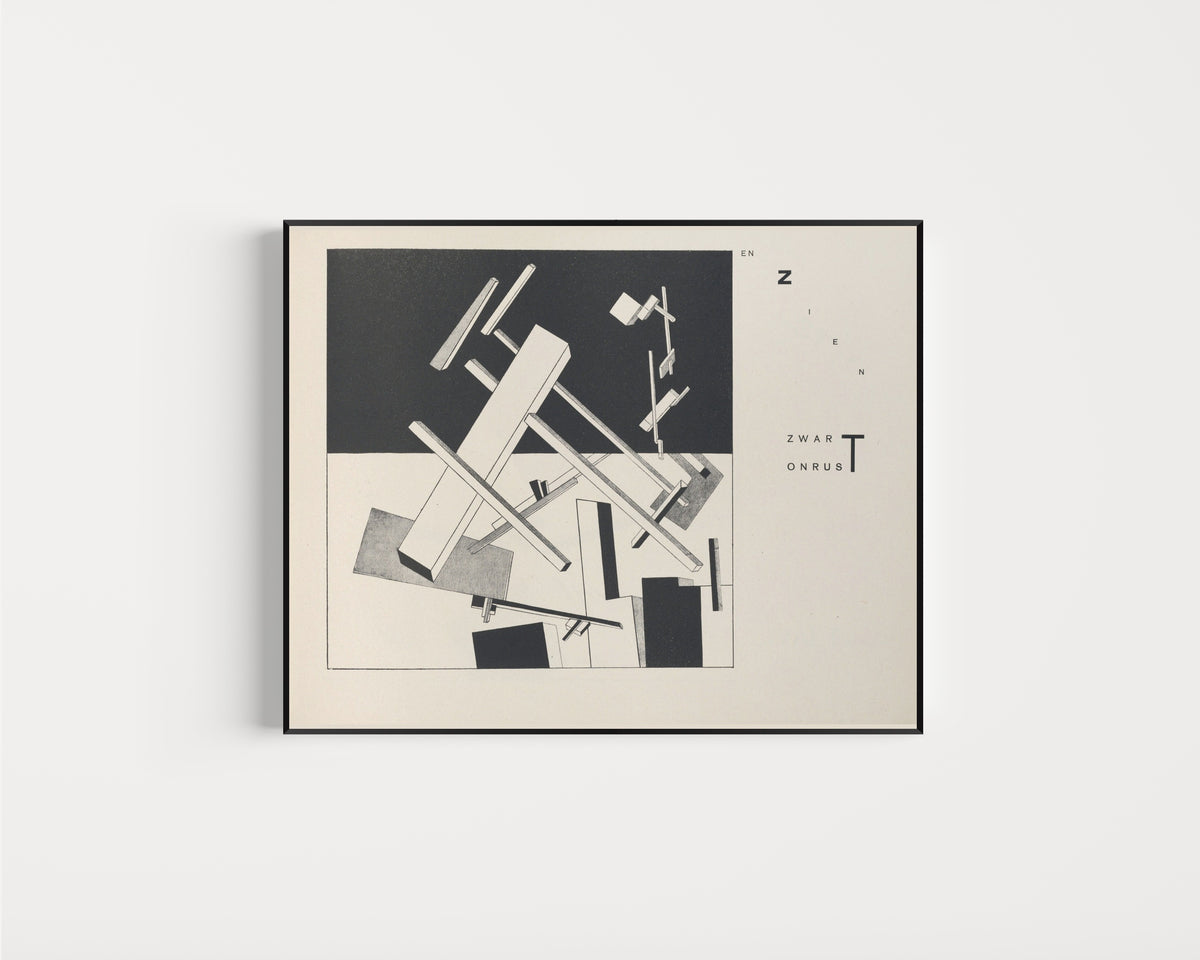 Framed art print of Of Two Squares: Construction 3 (...and See: Black, Turmoil, and...) by El Lissitzky, in a slim black frame on a plain white wall