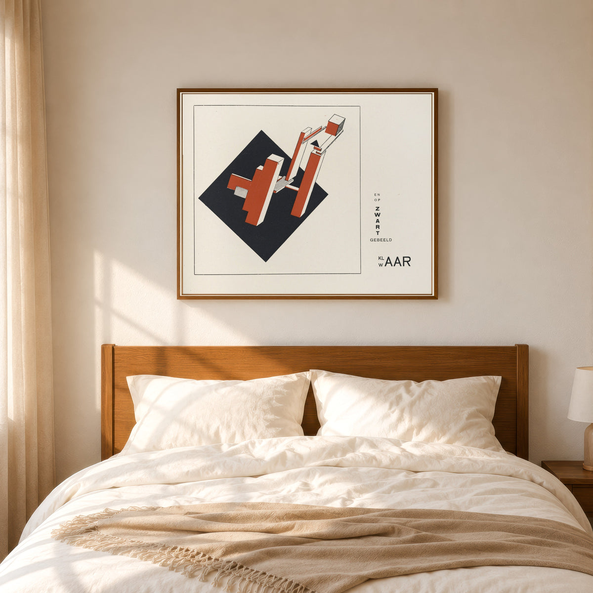 Framed art print of Of Two Squares: Construction 5 (And on Black, Clearly Formed) by El Lissitzky, in a slim wood frame above a bed in a sunlit bedroom