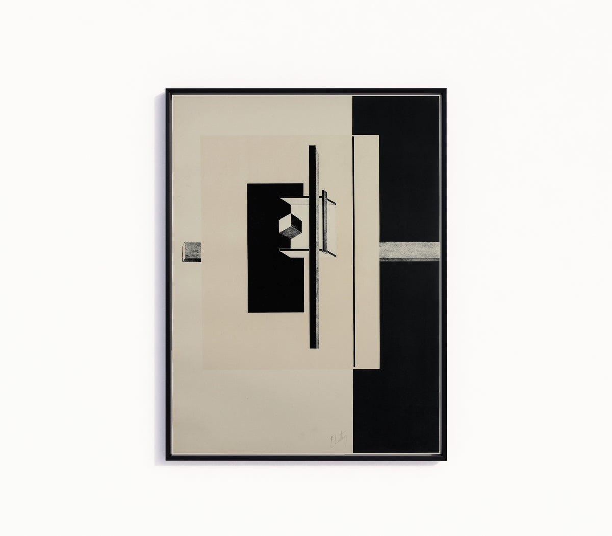Framed art print of Proun Portfolio: Black Band and Cube by El Lissitzky, in a slim black frame on a plain white wall