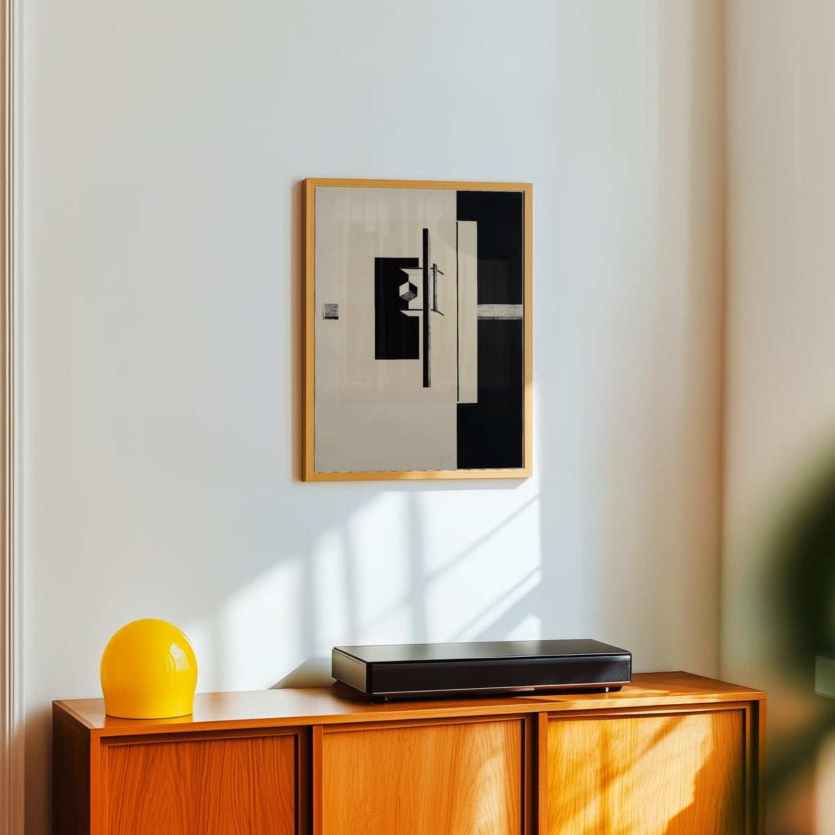 Framed art print of Proun Portfolio: Black Band and Cube by El Lissitzky, in a light wood frame on a white wall above an orange sideboard