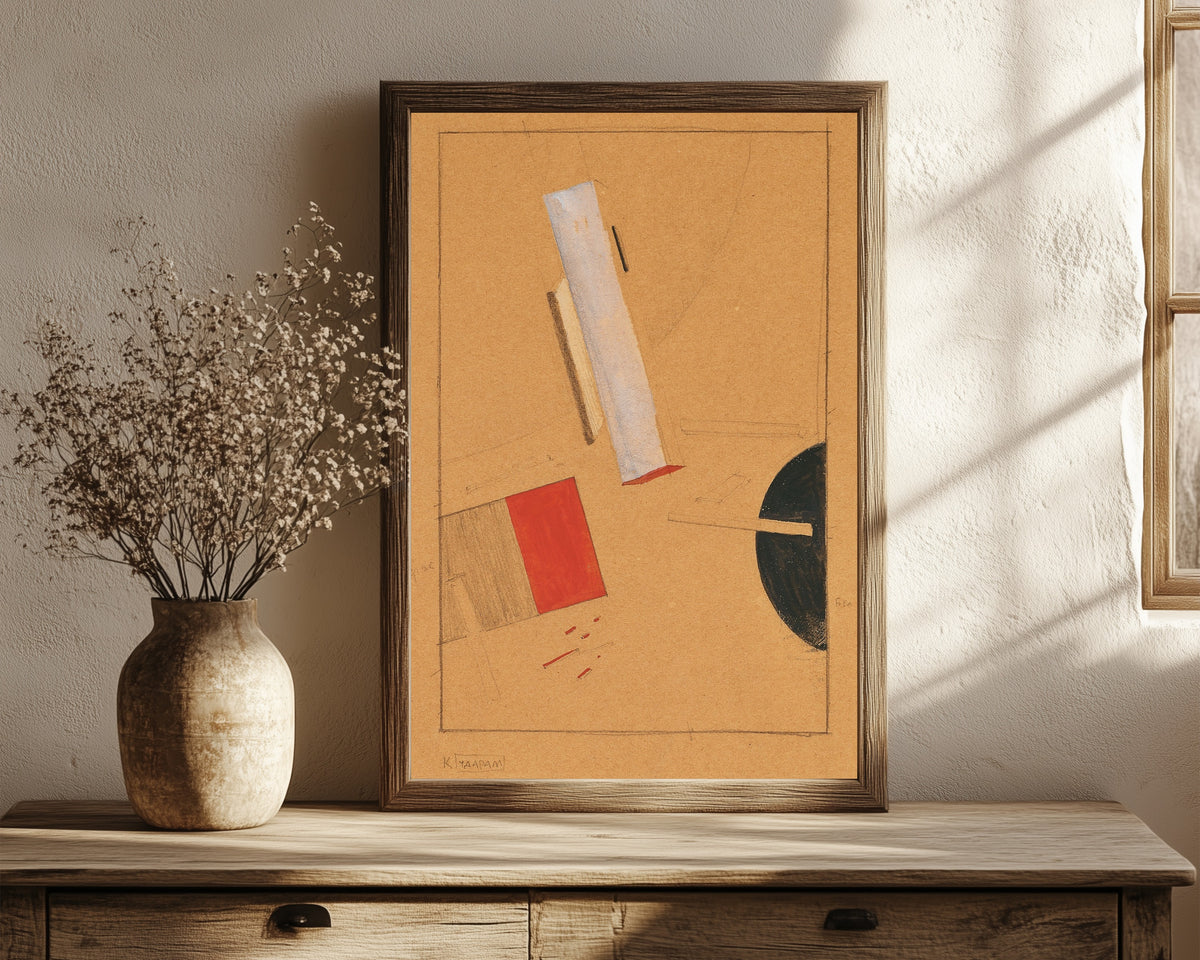 Framed art print of Proun Study by El Lissitzky, in a dark wood frame leaning on a rustic console beside dried flowers