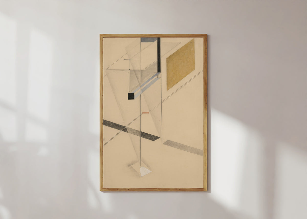 Framed art print of Proun Study l.n. 31 by El Lissitzky, in a light wood frame on a sunlit white wall
