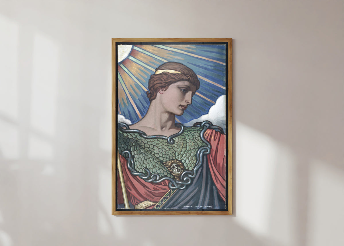 Framed art print of Head of Minerva (1896) by Elihu Vedder, in a light wood frame on a sunlit white wall