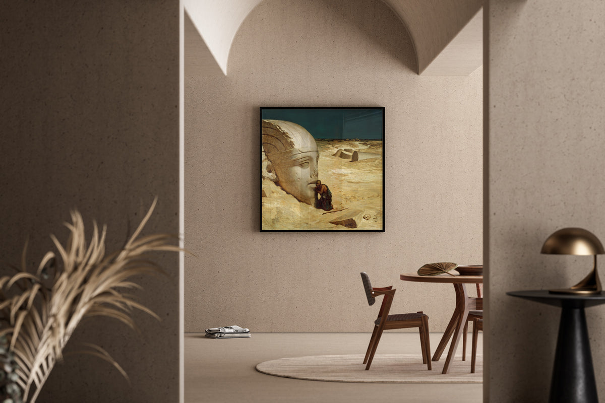 The Questioner of the Sphinx by Elihu Vedder — framed in a sunlit dining corner