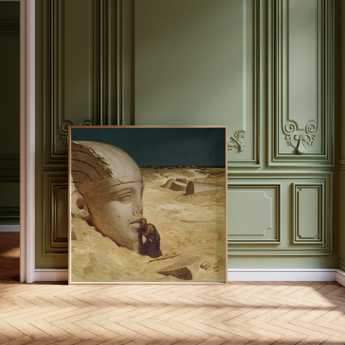 The Questioner of the Sphinx by Elihu Vedder — framed and leaning against olive-green panelling on a herringbone floor
