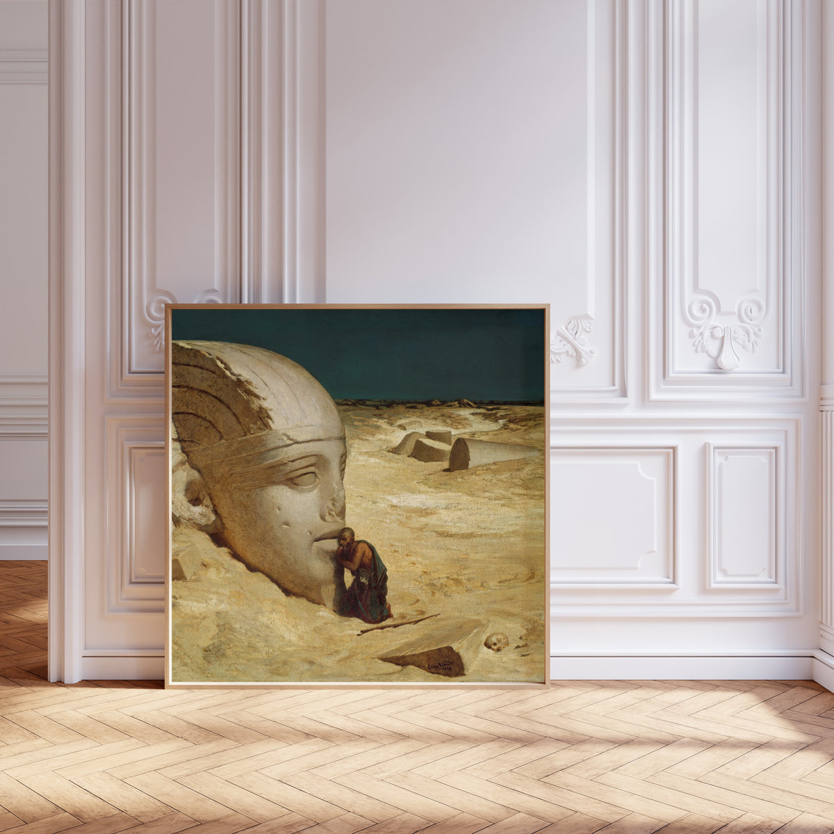 The Questioner of the Sphinx by Elihu Vedder — framed and leaning against pale pink panelling on a herringbone floor