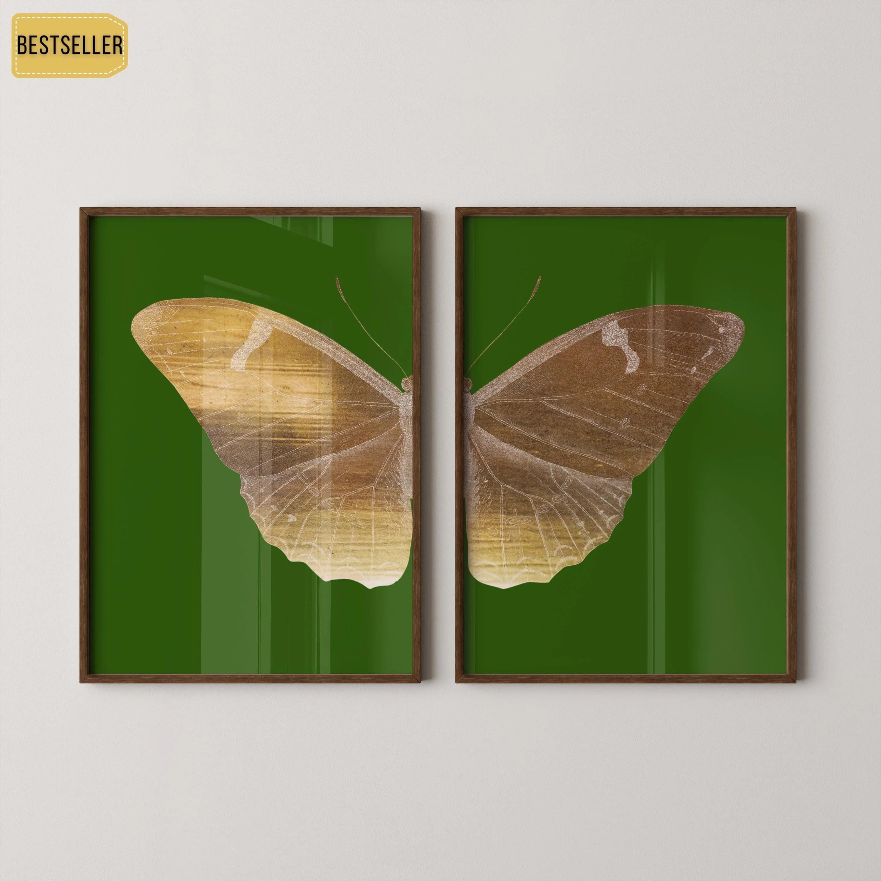 Emerald Moth Diptych Butterfly Art Prints: Vintage Gold Duo - 9ArtPrints