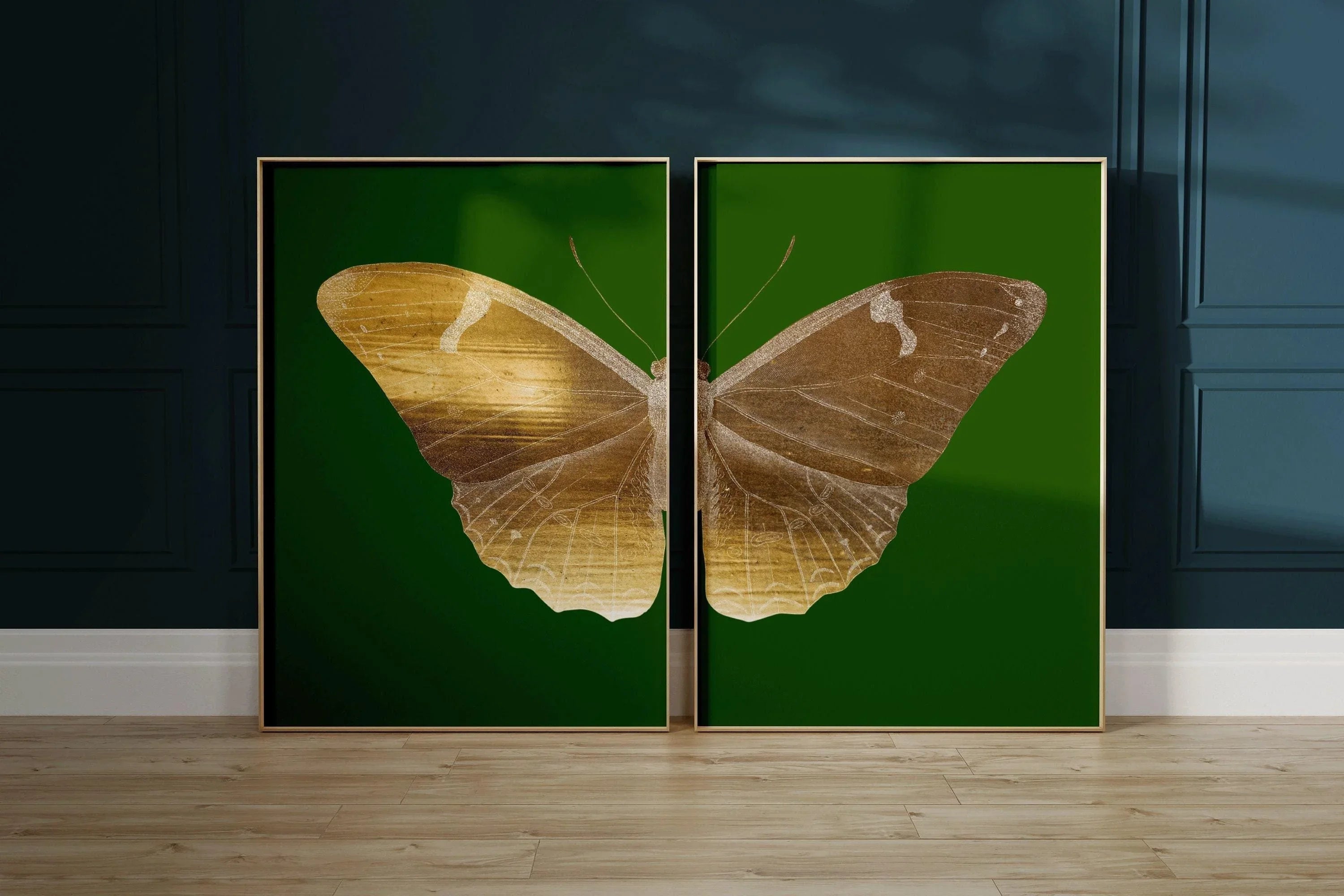 Emerald Moth Diptych Butterfly Art Prints: Vintage Gold Duo - 9ArtPrints