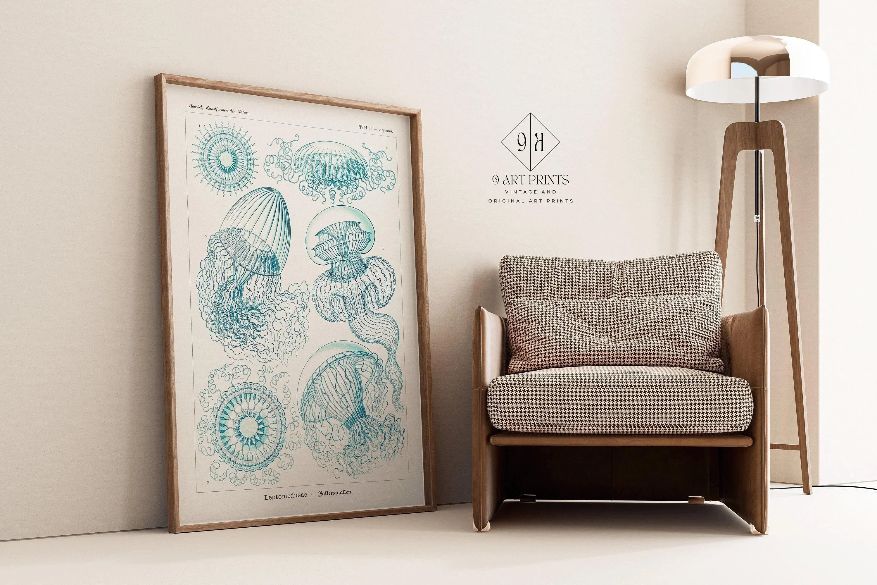 Ernst Haeckel - Jellyfish | Famous Marine Life Sketch Art in Beige and Blue