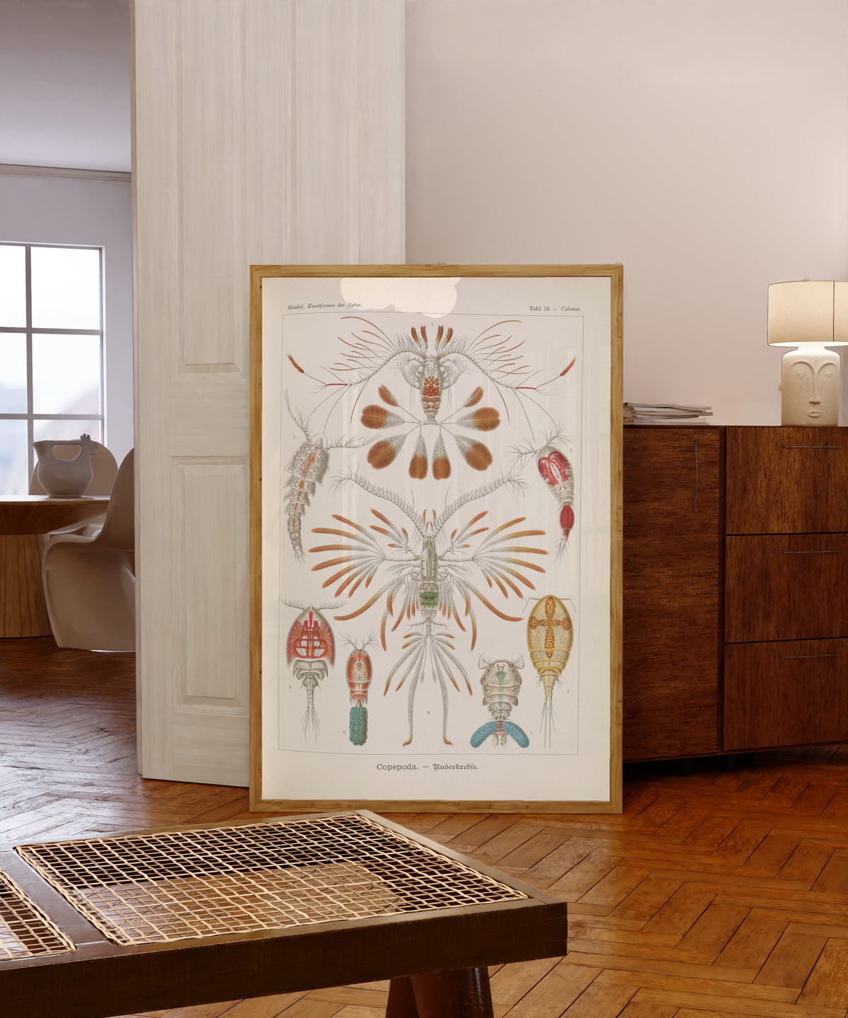 Framed art print of Kunstformen der Natur, Plate 56: Copepoda by Ernst Haeckel, in a light wood frame leaning in a warm room with a parquet floor