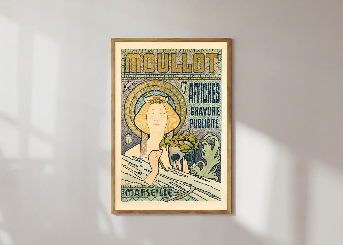 Framed art print of Moullot Marseille by Eugène Roux, in a light wood frame on a sunlit white wall