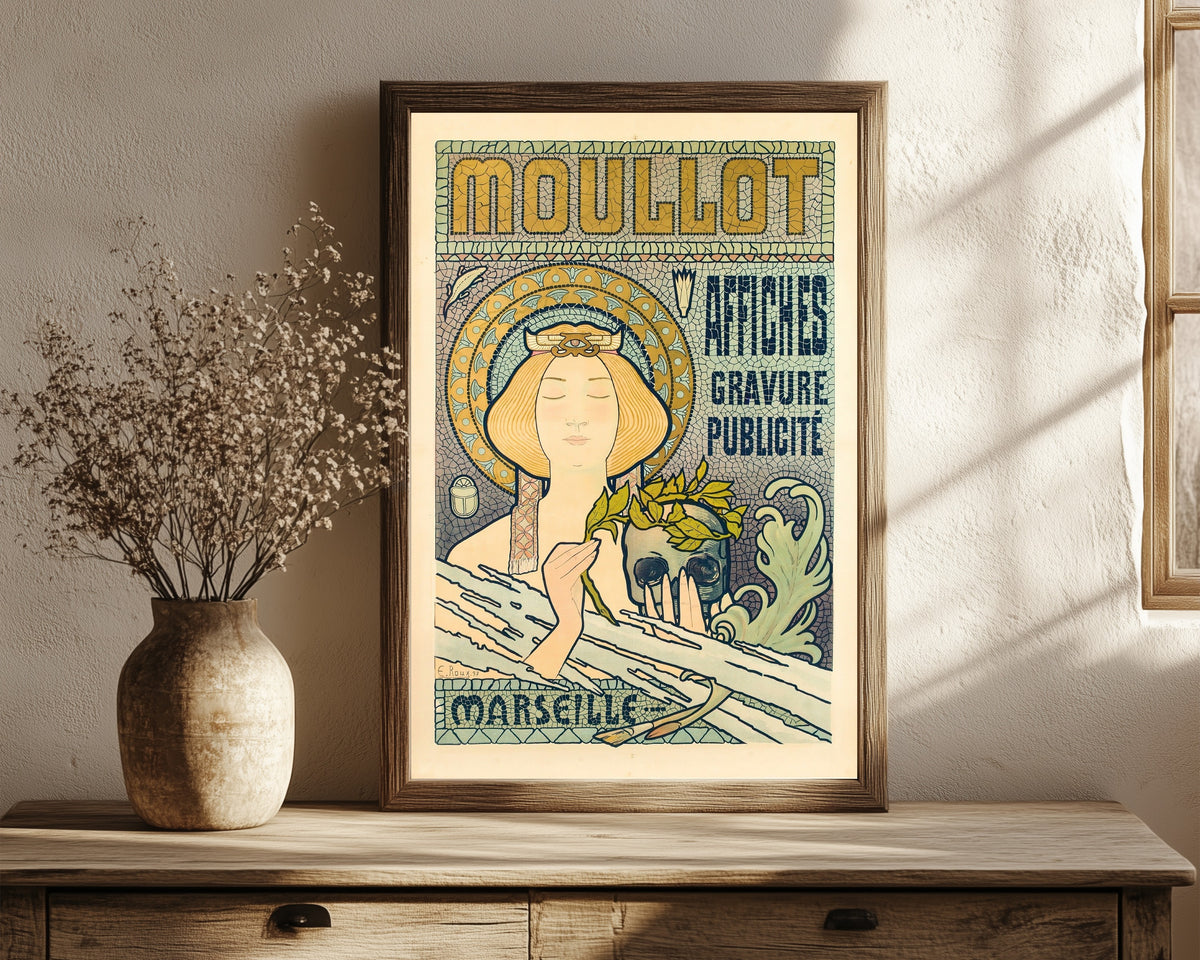 Framed art print of Moullot Marseille by Eugène Roux, in a dark wood frame leaning on a rustic console beside dried flowers