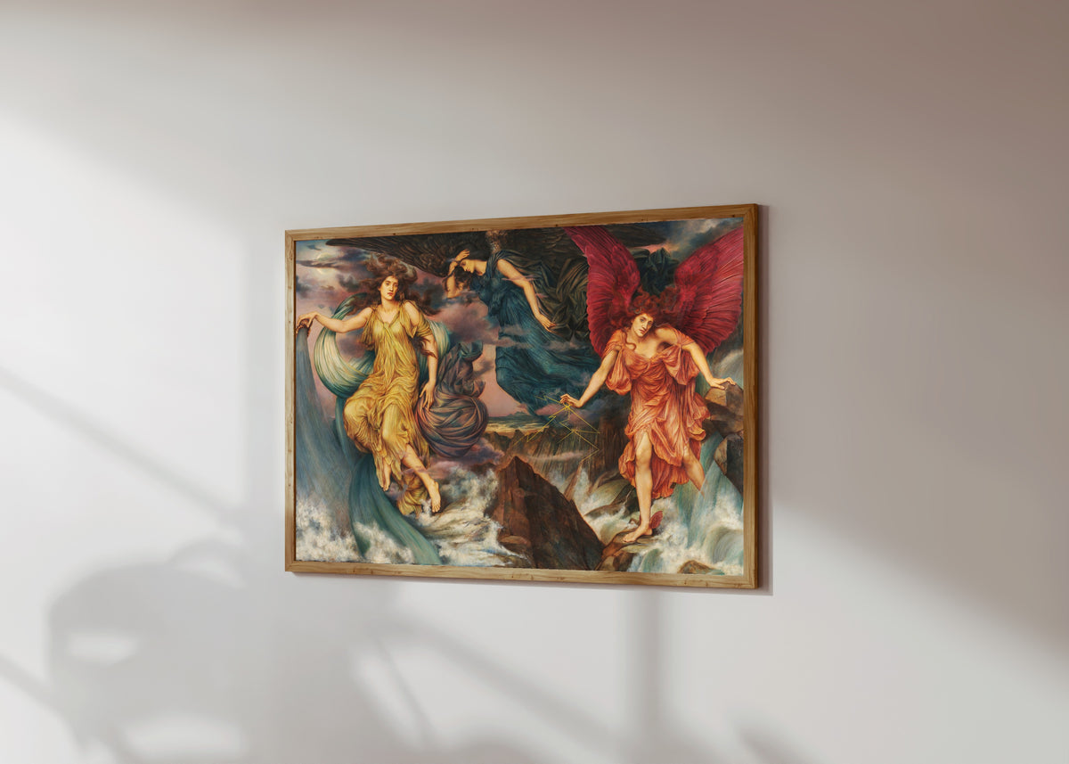 Framed art print of The Storm Spirits by Evelyn De Morgan, in a light wood frame on a sunlit white wall, seen at a slight angle