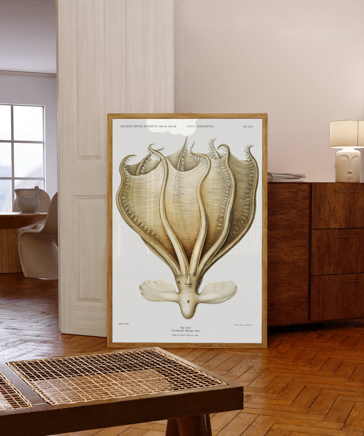 Framed art print of Cirrothauma murrayi by Ewald Heinrich Rübsaamen, in a light wood frame leaning in a warm room with a parquet floor