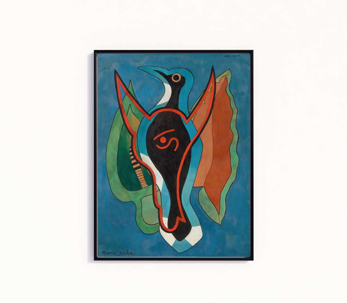 Framed art print of Geai bleu by Francis Picabia, in a slim black frame on a plain white wall
