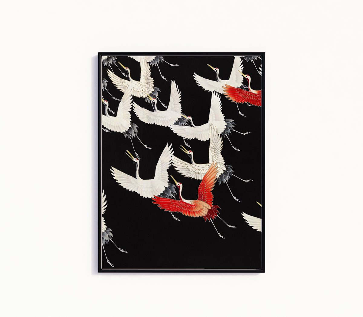 Framed art print of Furisode with Flying Cranes by Japanese Art, in a slim black frame on a plain white wall