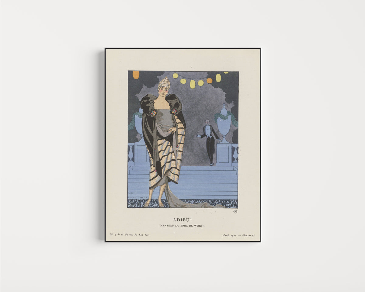 Framed art print of Adieu! Manteau du soir de Worth by George Barbier, in a slim black frame on a plain white wall