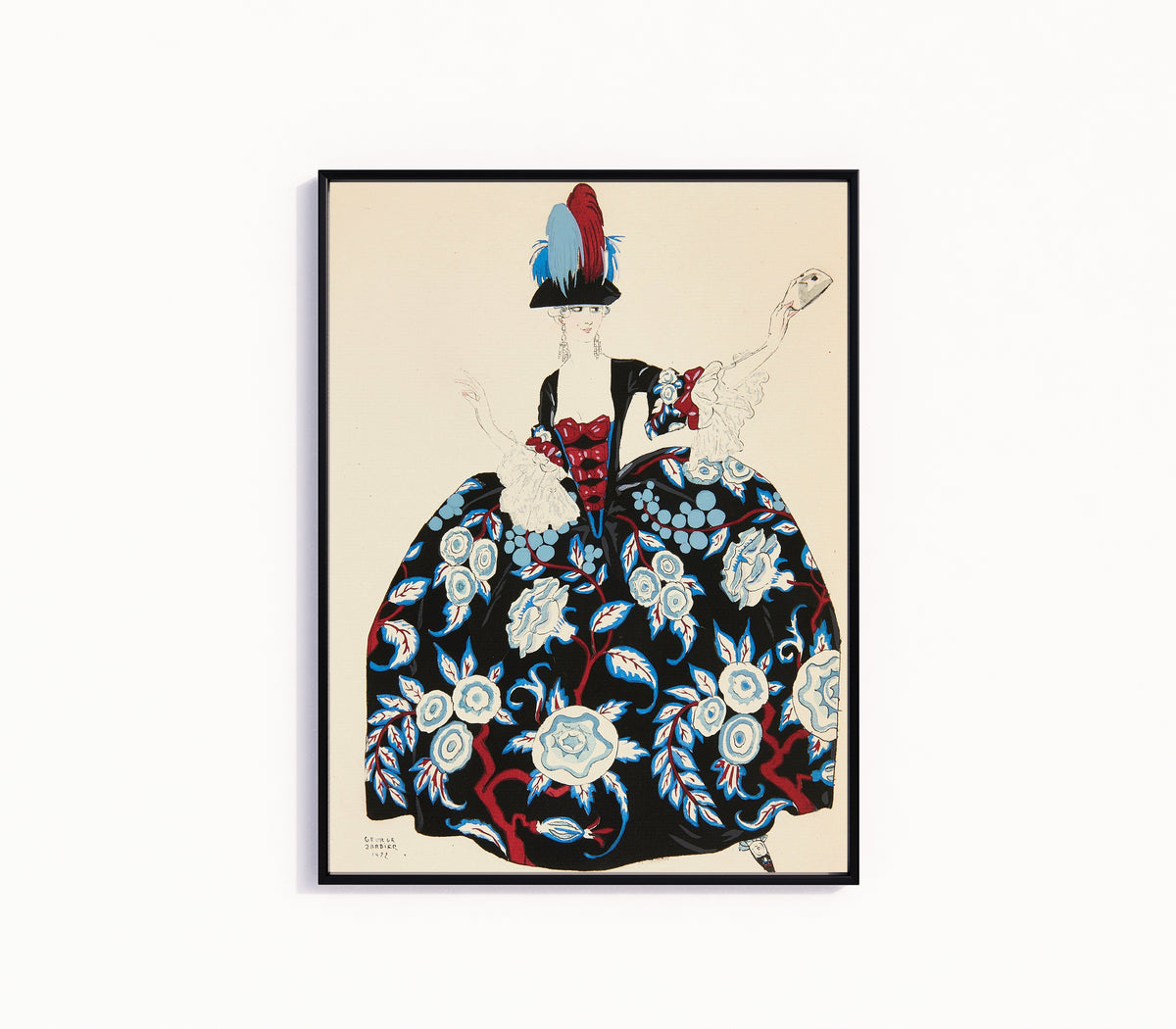 Framed art print of Costumes for theater (Lady with a Mask) by George Barbier, in a slim black frame on a plain white wall