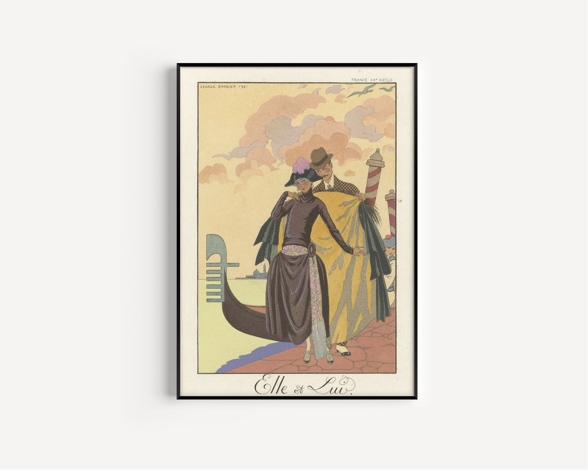 Elle et Lui by George Barbier — in a slim black frame on a plain white wall