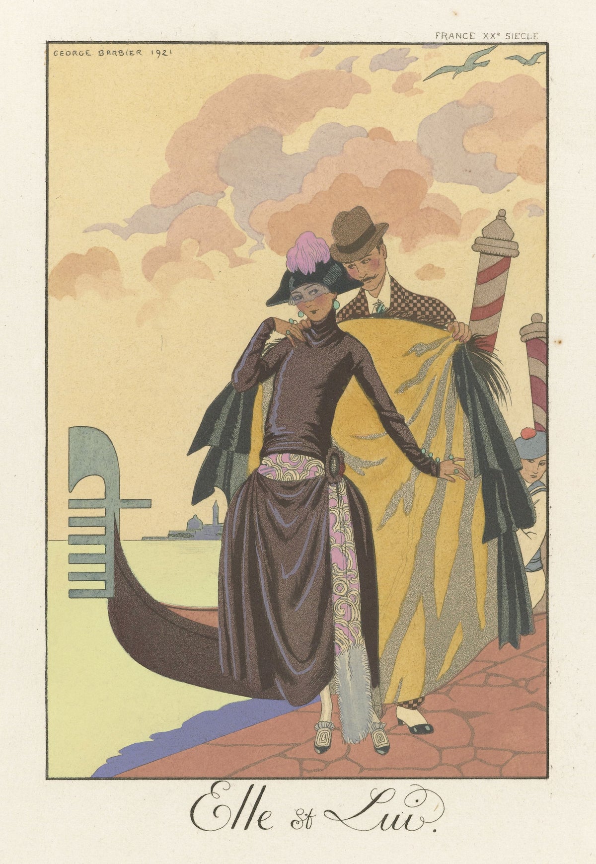 Elle et Lui by George Barbier — A couple share a golden cloak beside a gondola at dusk