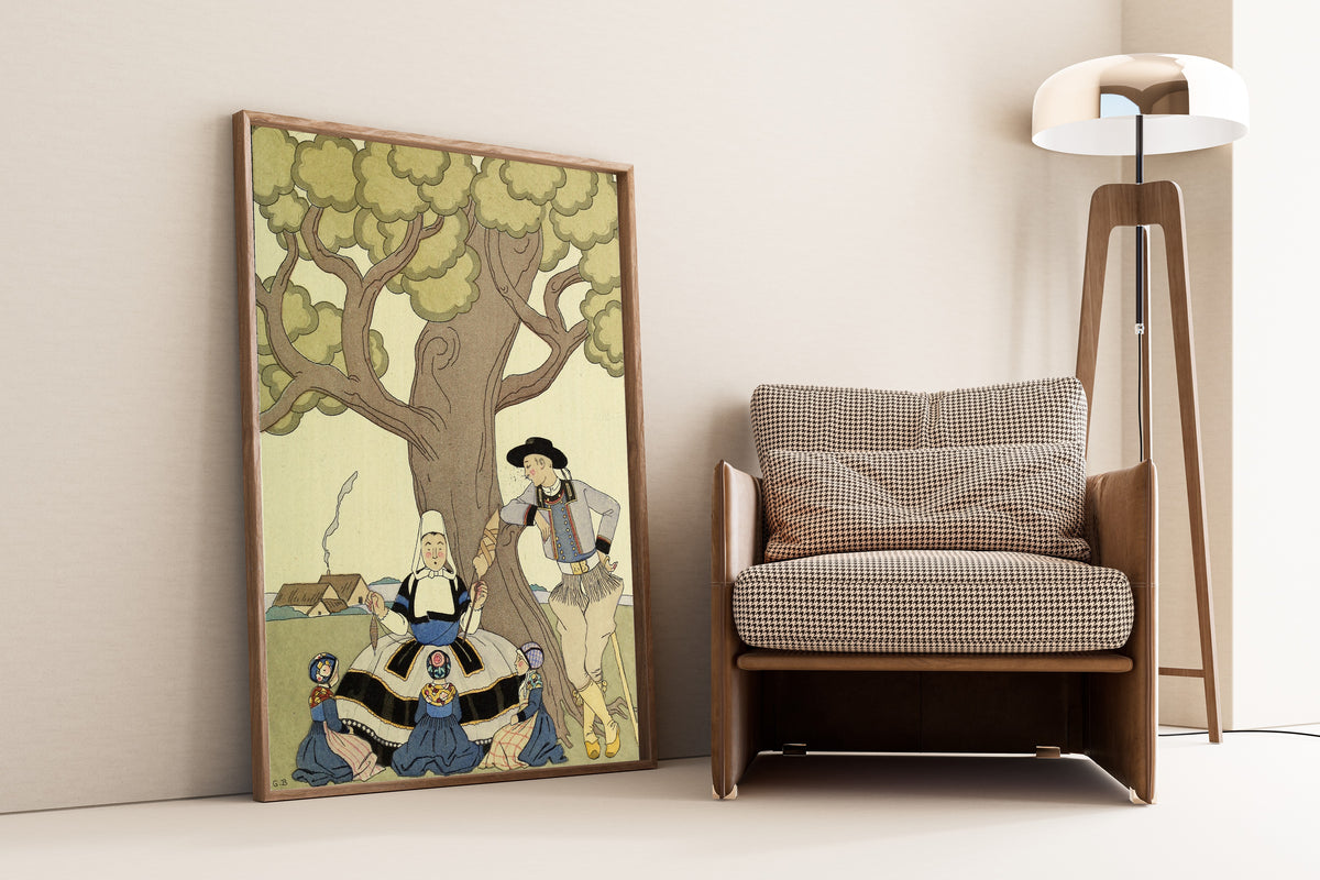 Il était une fois by George Barbier — framed and leaning against a wall beside an armchair and a floor lamp