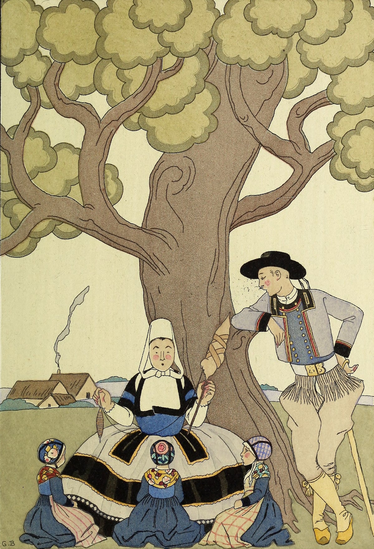 Il était une fois by George Barbier — A woman spins wool beneath a great tree as children gather round