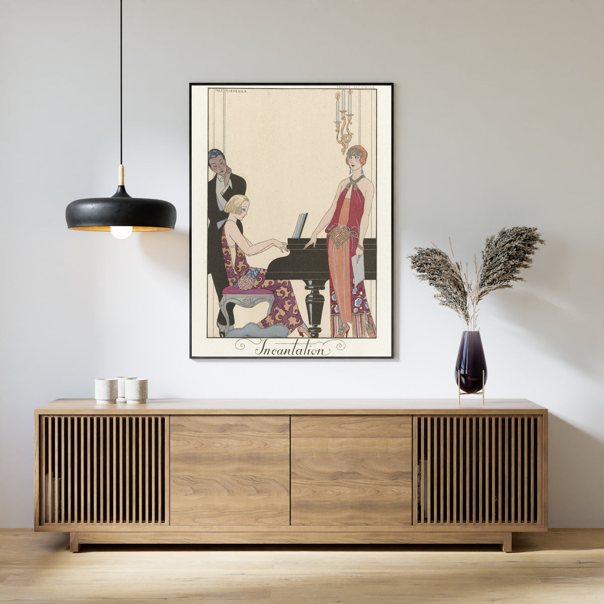 Incantation by George Barbier — framed above a slatted wood sideboard