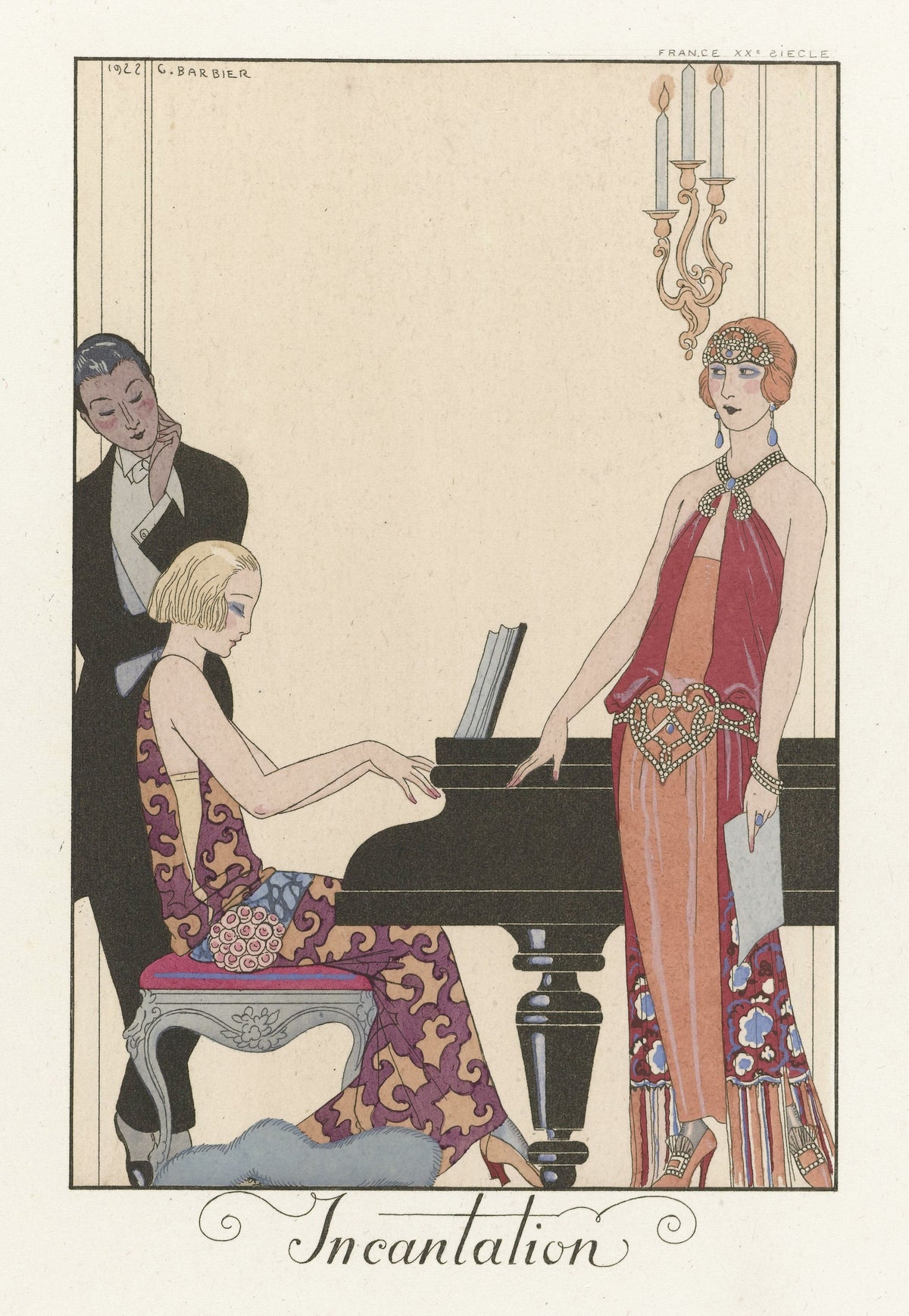 Incantation by George Barbier — A woman plays piano as a jewelled guest looks on by candlelight