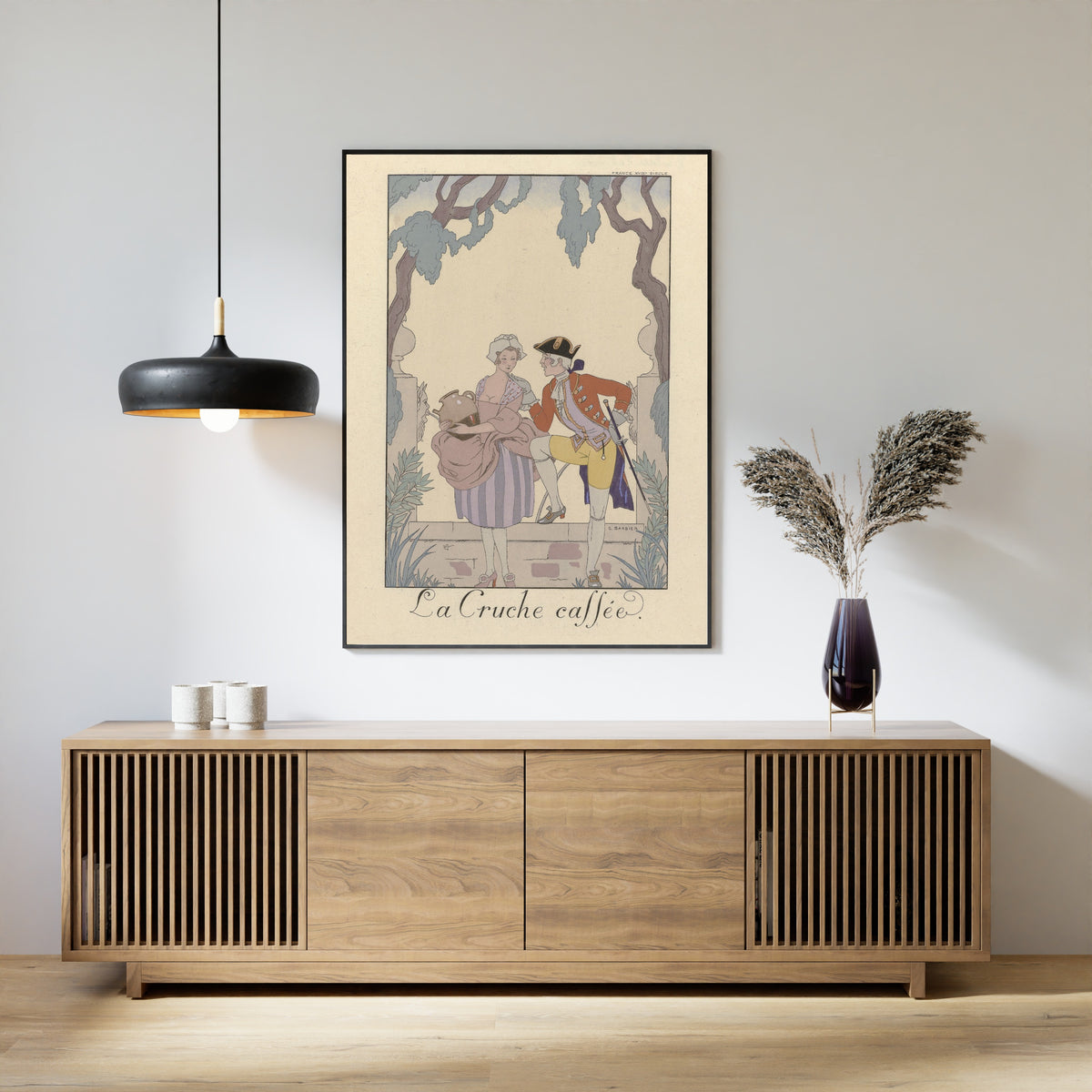 La Cruche cassée by George Barbier — framed above a slatted wood sideboard